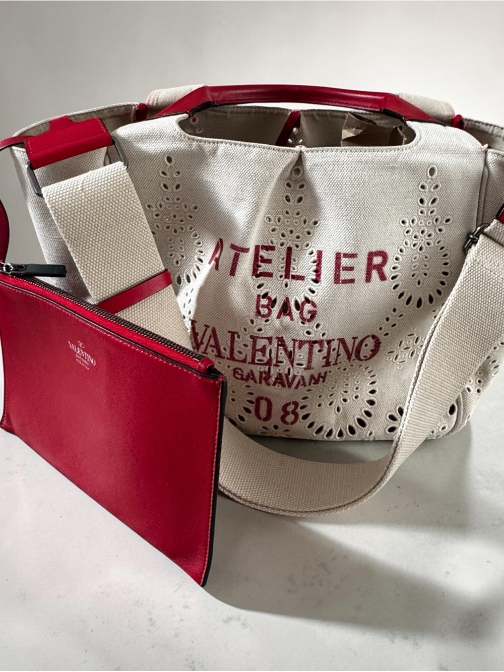 Valentino Beige Canvas Tote with Red Leather Pouch